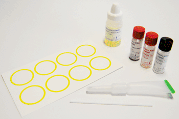 Image: Bichrolatex-Amibe colored latex slide agglutination test for extra-intestinal amoebiasis serodiagnosis (Photo courtesy of Fumouze Diagnostic).